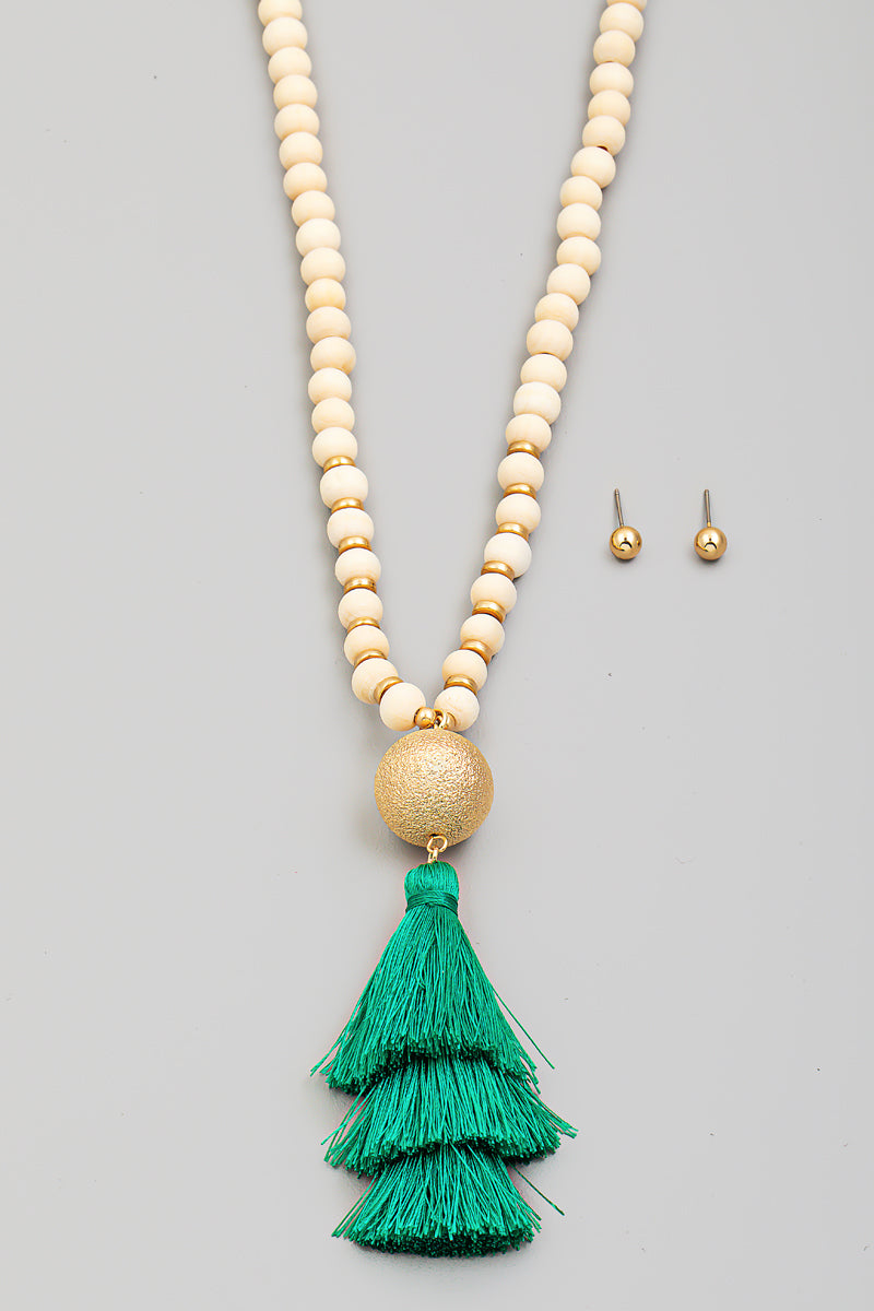 Layered Tassel Pendant Long Necklace Set - Green