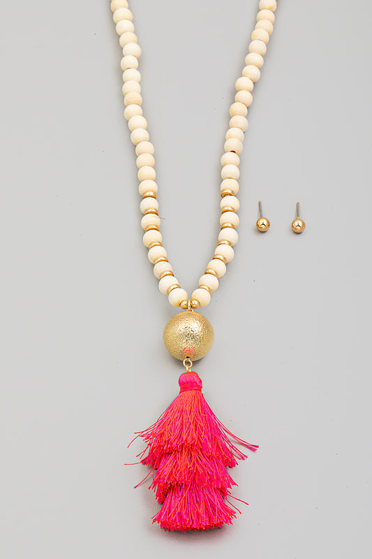 Layered Tassel Pendant Long Necklace Set - Pink