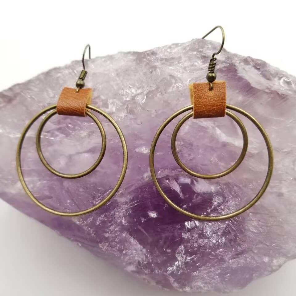 Vintage Double Circle Leather Hoop Earrings